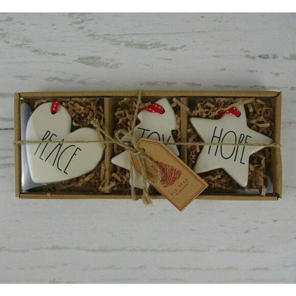 New Rae Dunn 3-PC Christmas Ornaments Ceramic Peace Joy Hope Tree Heart Star Set - Picture 9 of 11